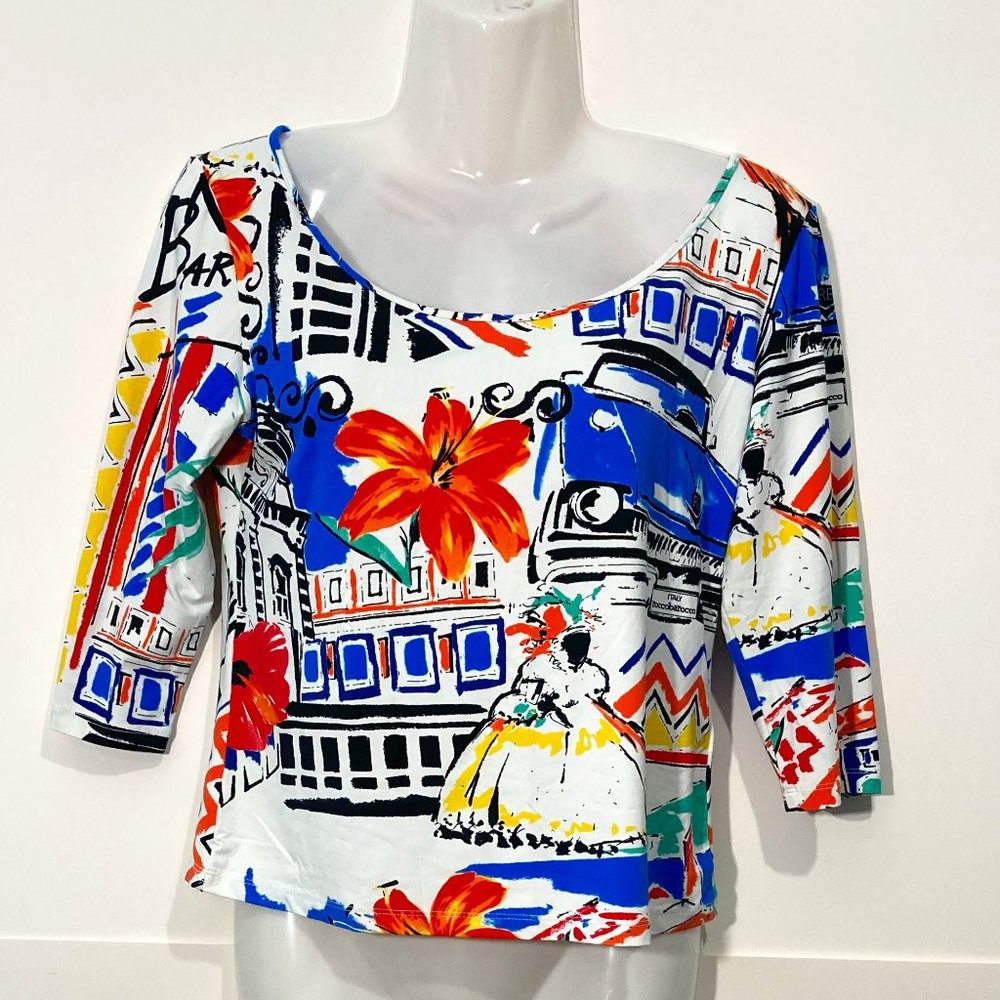 ROCCOBAROCCO WOMEN Crop Top MADE in ITALY 3/4 Sleeve White Multi Artsy No size